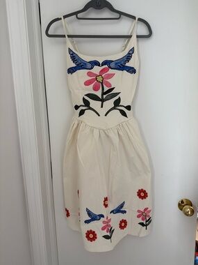 Cream Floral Embroidered Sundress with Blue Bird Motif